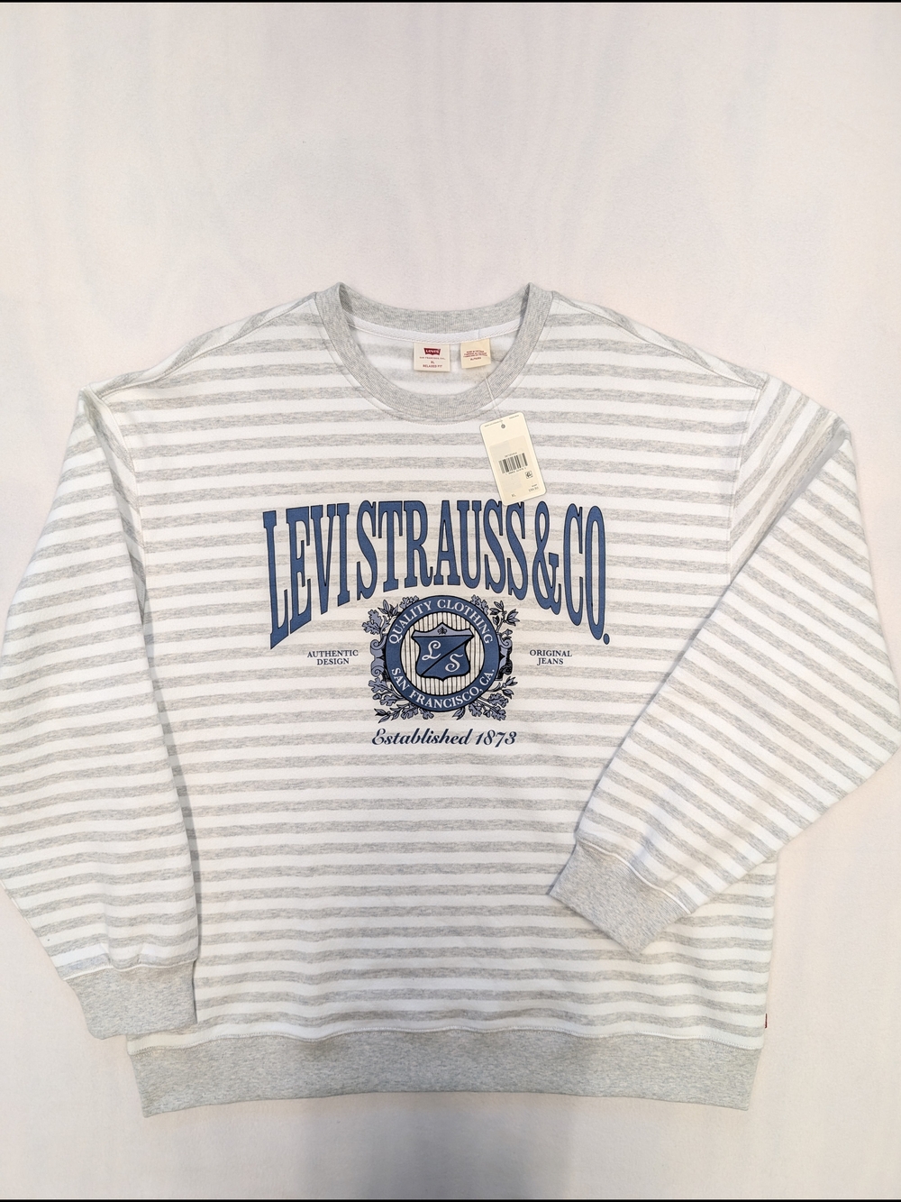 Levi's White & Light Gray Striped Crewneck with Blue Logo